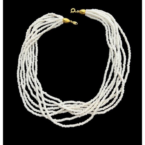 Vintage Trifari TM Necklace White Glass Seed Bead Multi Strand Bohemian Beauty - Picture 3 of 10